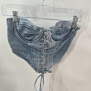 Fashion Nova Blue Denim Lace Up Cotton Strapless Cropped Top
